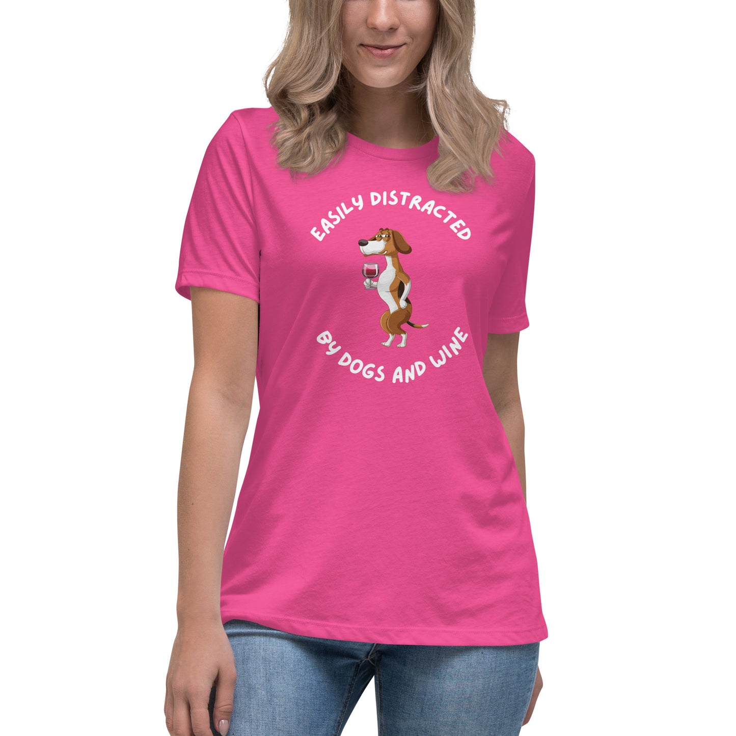 Women's Premium Cotton Relaxed T-Shirt - Easily Distracted By Dogs & Wine