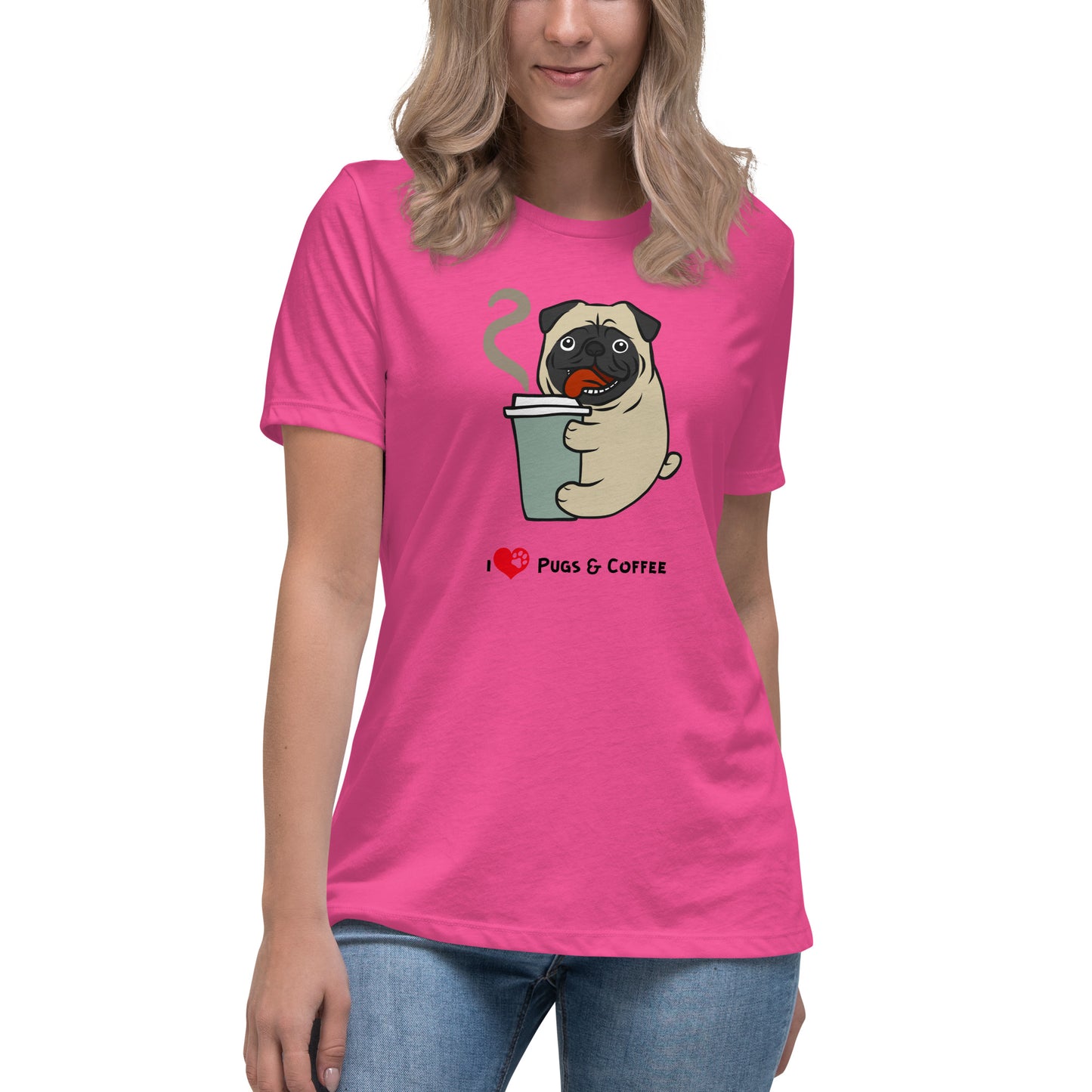 Women's Premium Cotton Relaxed T-Shirt - I Love Pugs & Coffee