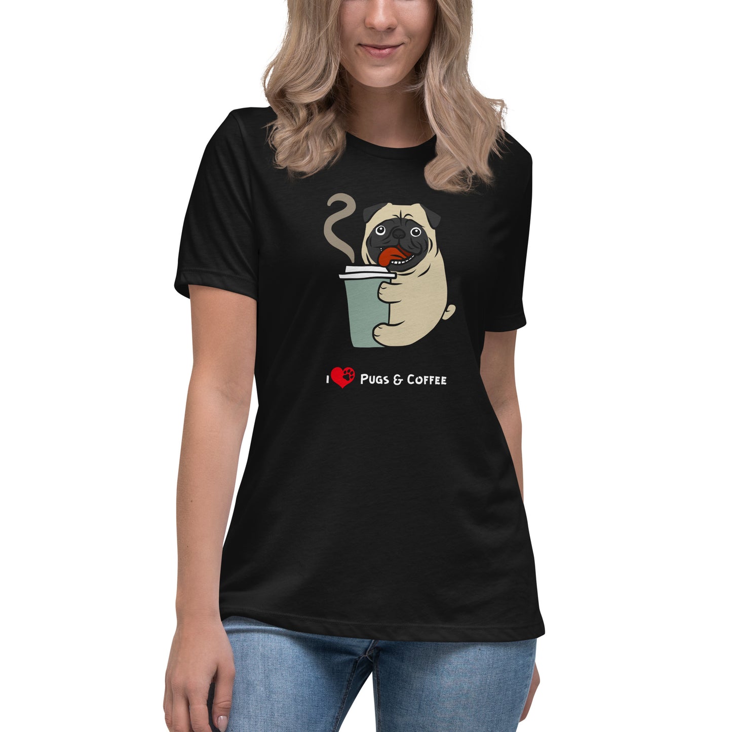 Women's Premium Cotton Relaxed T-Shirt - I Love Pugs & Coffee