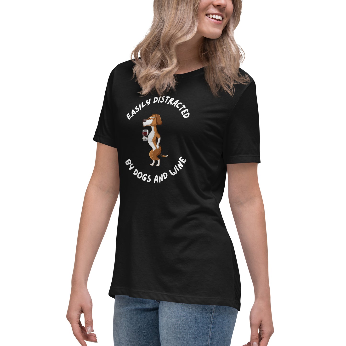 Women's Premium Cotton Relaxed T-Shirt - Easily Distracted By Dogs & Wine