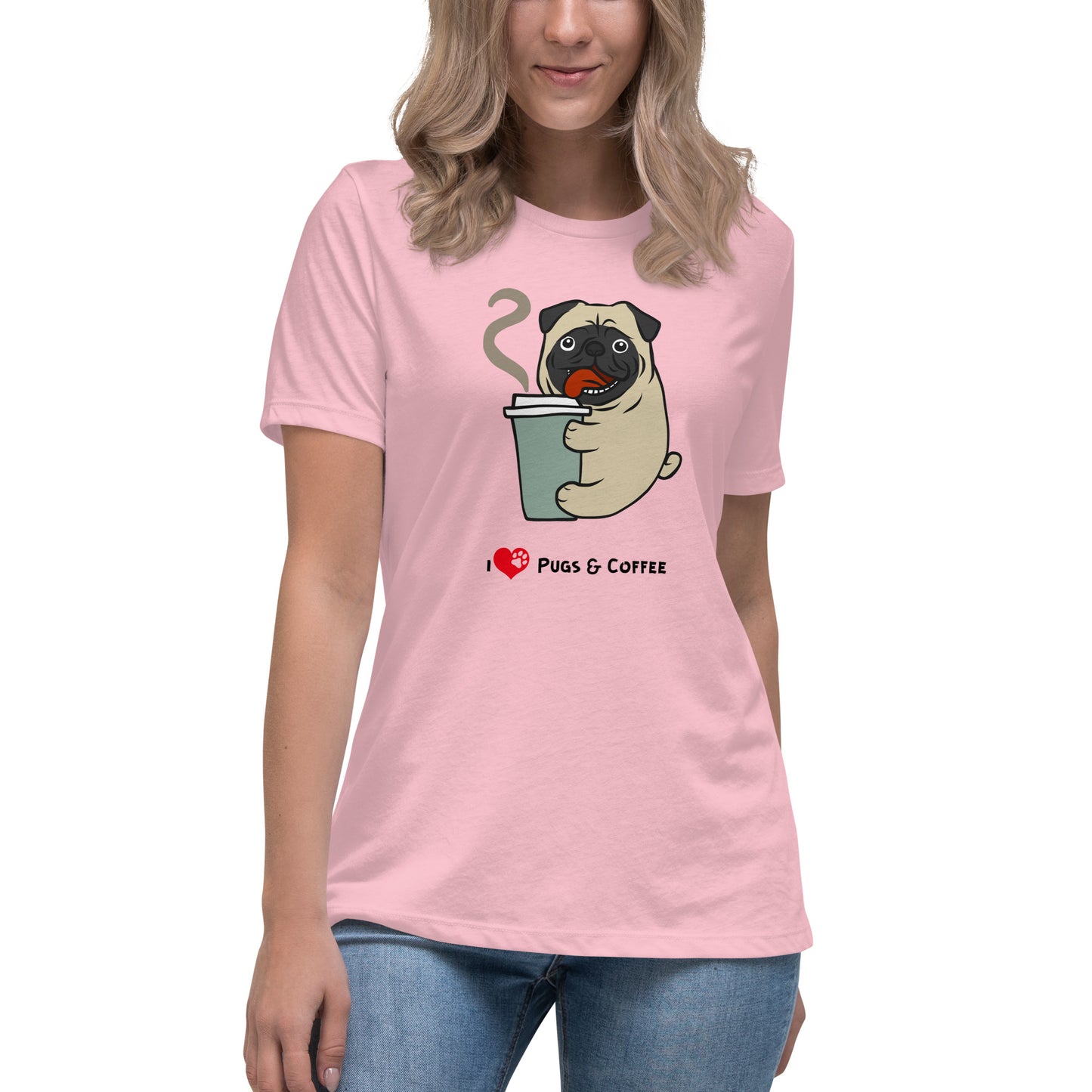 Women's Premium Cotton Relaxed T-Shirt - I Love Pugs & Coffee