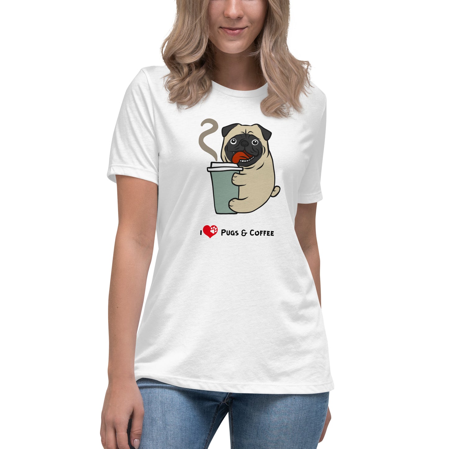 Women's Premium Cotton Relaxed T-Shirt - I Love Pugs & Coffee